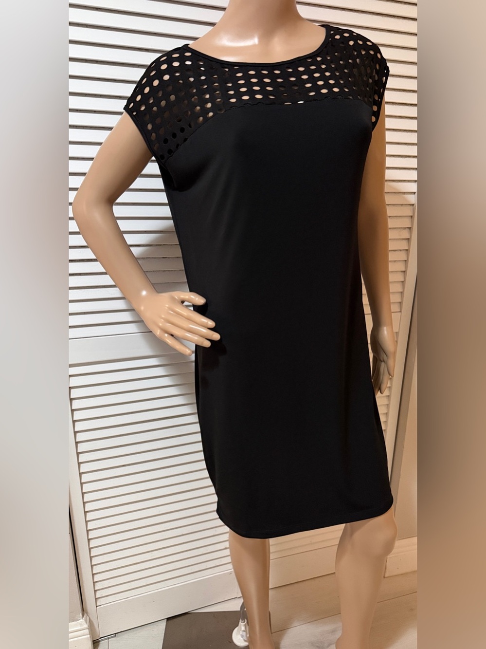 Clara Sun Woo Black Mesh Yoke Shift Dress | Lightweight Stretch Travel LBD  Sz L